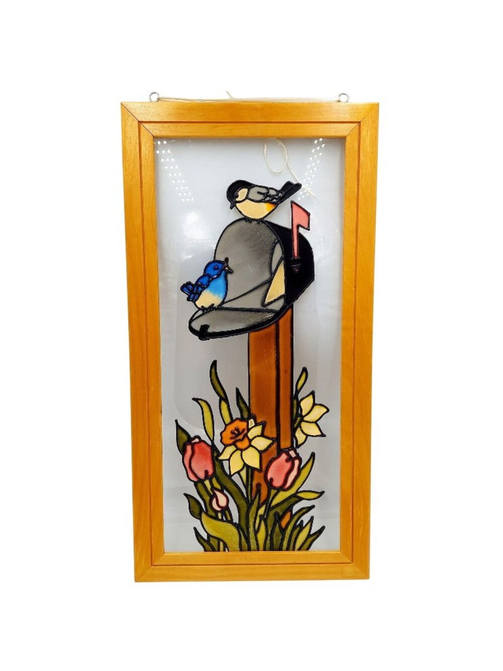 Vintage Bird Suncatcher Wall Art Flower Garden Cottagecore 22 Inch Painted Glass